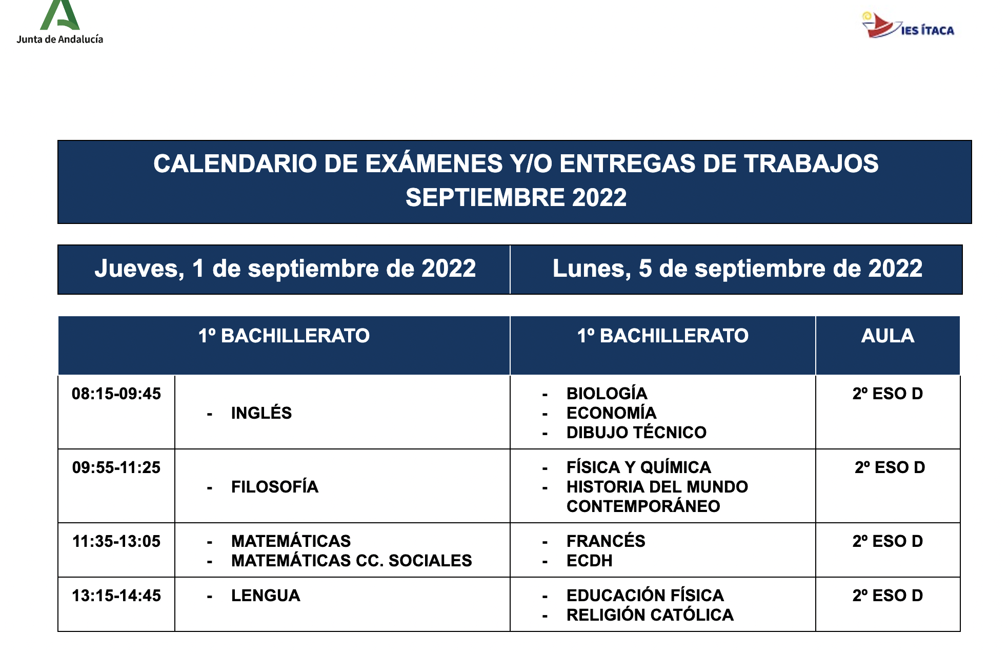 Calendario de exámenes de Septiembre 1º de bachillerato