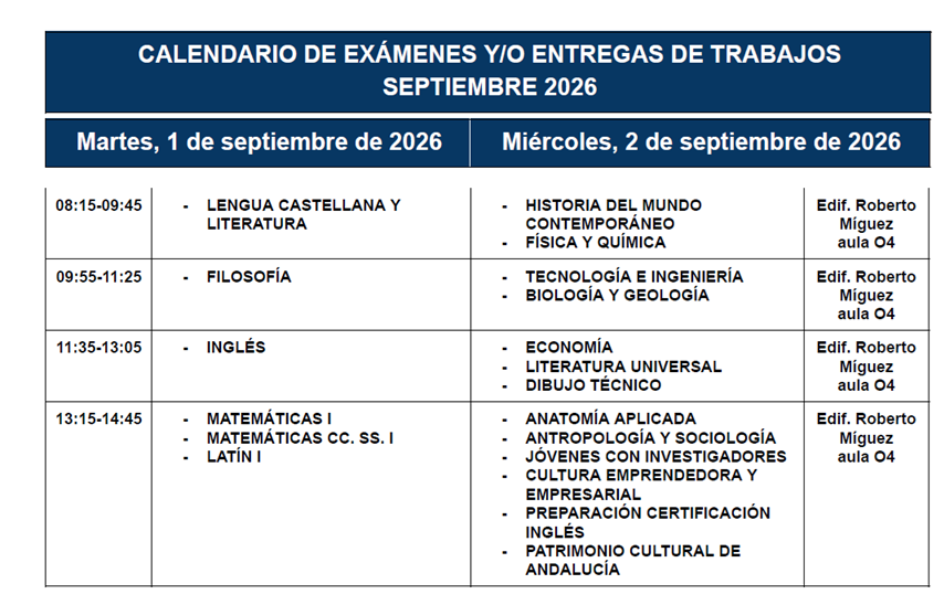 Calendario de pendientes de 1º de Bachillerato