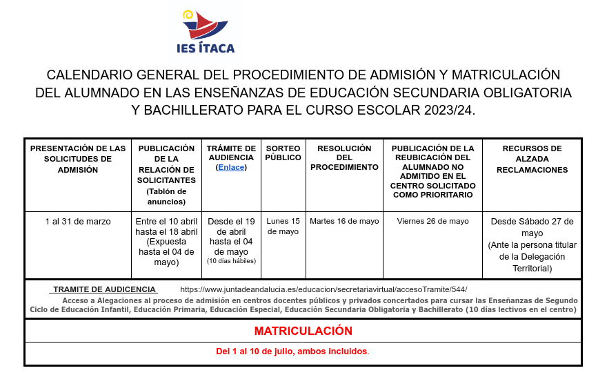 Calendario de escolarización 2023/24